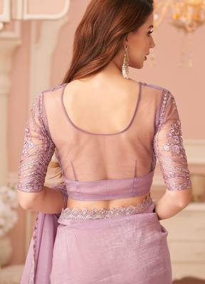 purple rainbow georgett silk blend with embroidery with unstitched blouse 3