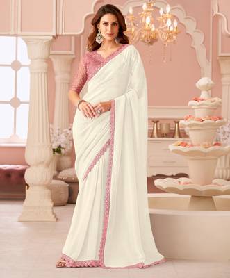 white rainbow georgett silk blend with embroidery with unstitched blouse 1