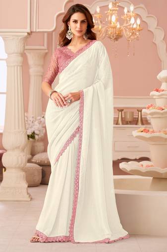 white rainbow georgett silk blend with embroidery with unstitched blouse