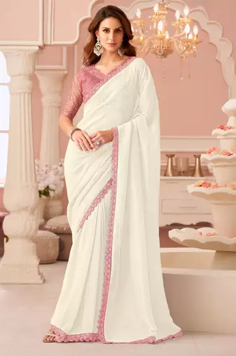 white rainbow georgett silk blend with embroidery with unstitched blouse