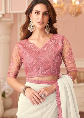 white rainbow georgett silk blend with embroidery with unstitched blouse 2