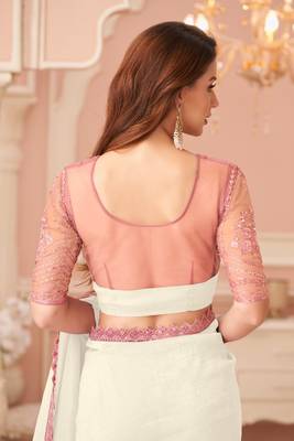 white rainbow georgett silk blend with embroidery with unstitched blouse 3