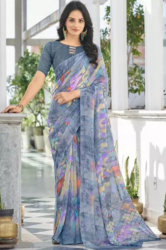 Grey geomatric print soft chiffon saree with unstitch blouse
