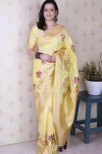 light yellow soft art silk saree with unstiched blouse