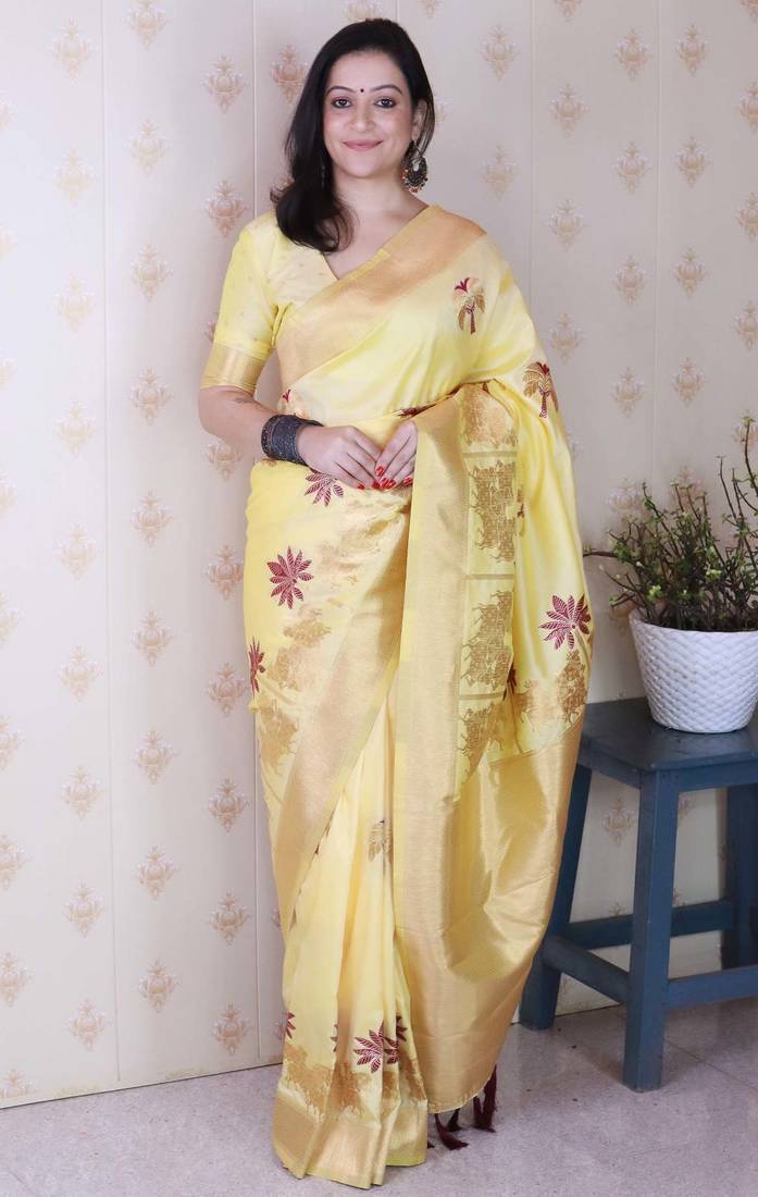 light yellow soft art silk saree with unstiched blouse