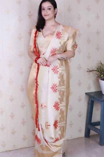 cream soft art silk saree with unstiched blouse