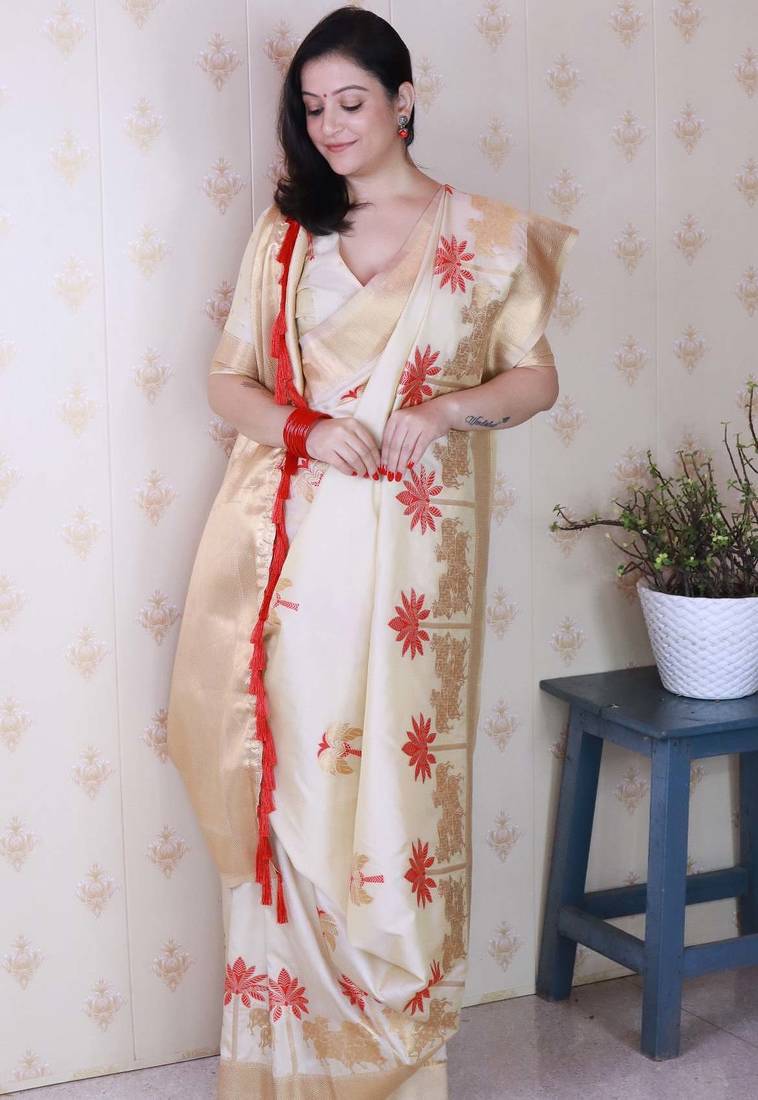 cream soft art silk saree with unstiched blouse