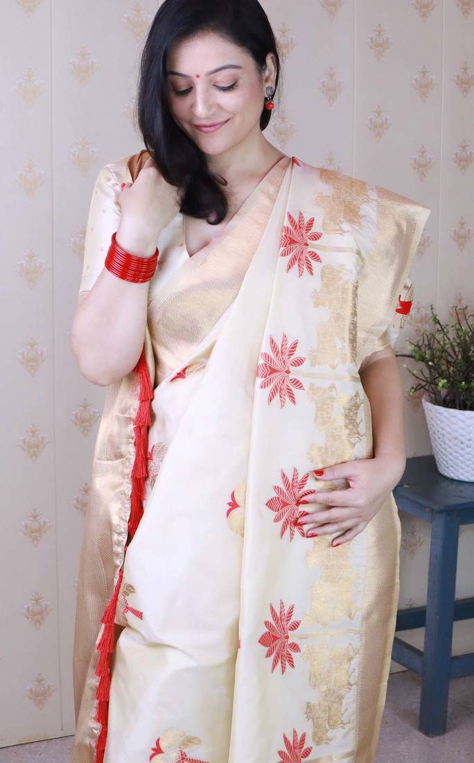 cream soft art silk saree with unstiched blouse