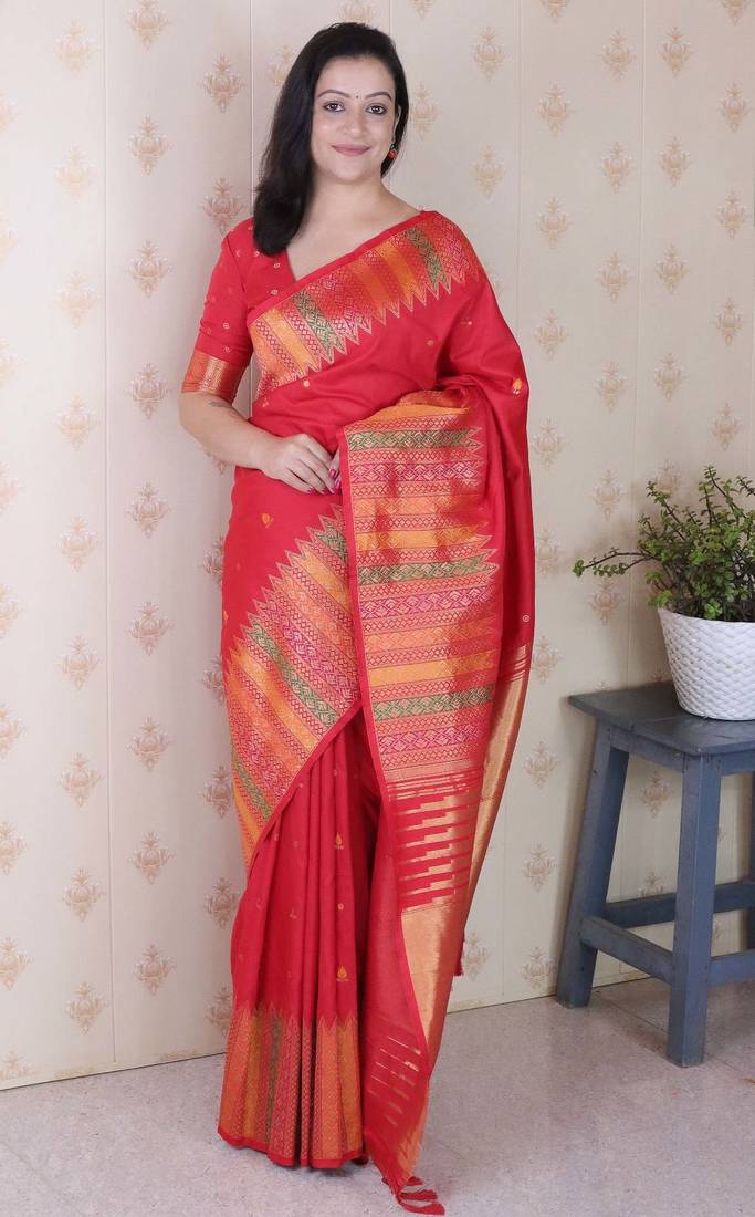 red soft art silk saree with unstiched blouse