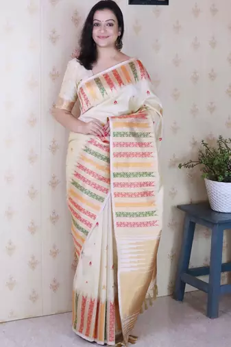 cream soft art silk saree with unstiched blouse