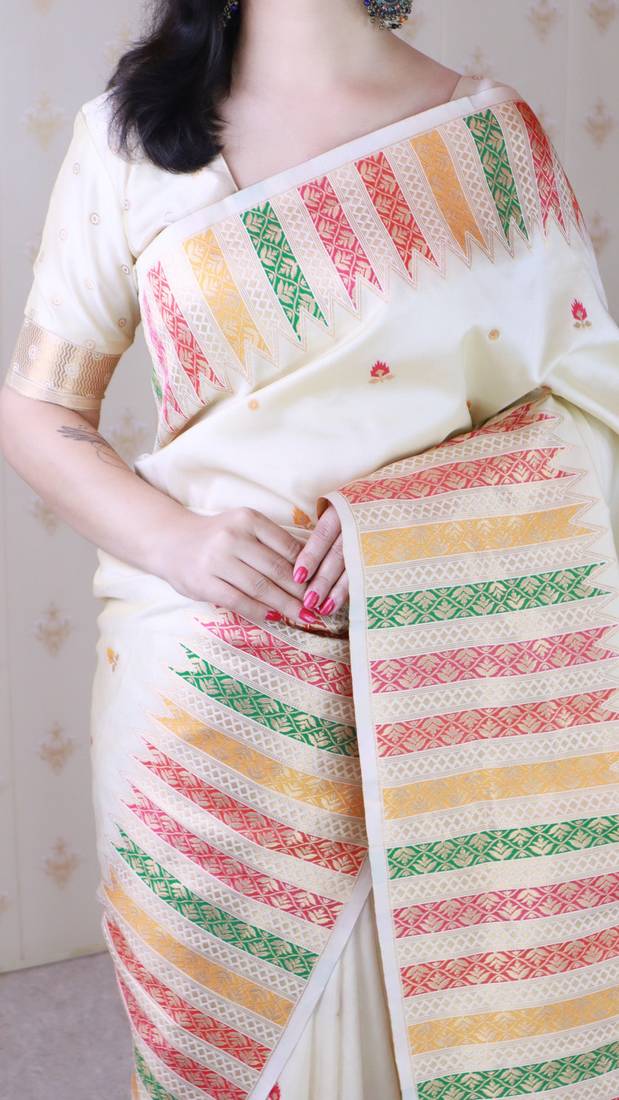 cream soft art silk saree with unstiched blouse