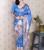 blue tussar art silk saree with unstiched blouse