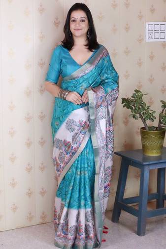 turquoise blue tussar art silk saree with unstiched blouse
