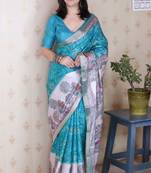 turquoise blue tussar art silk saree with unstiched blouse