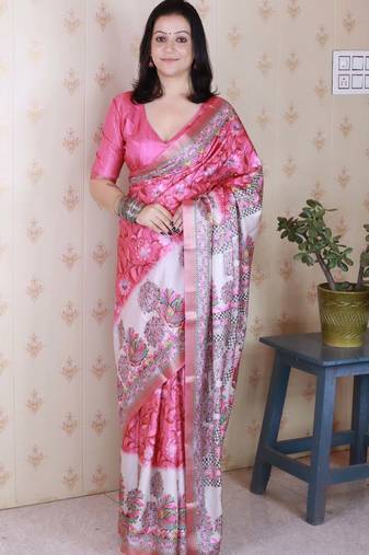 pink tussar art silk saree with unstiched blouse
