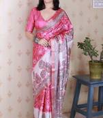 pink tussar art silk saree with unstiched blouse