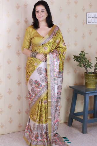 yellow tussar art silk saree with unstiched blouse