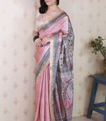 pink tussar art silk saree with unstiched blouse