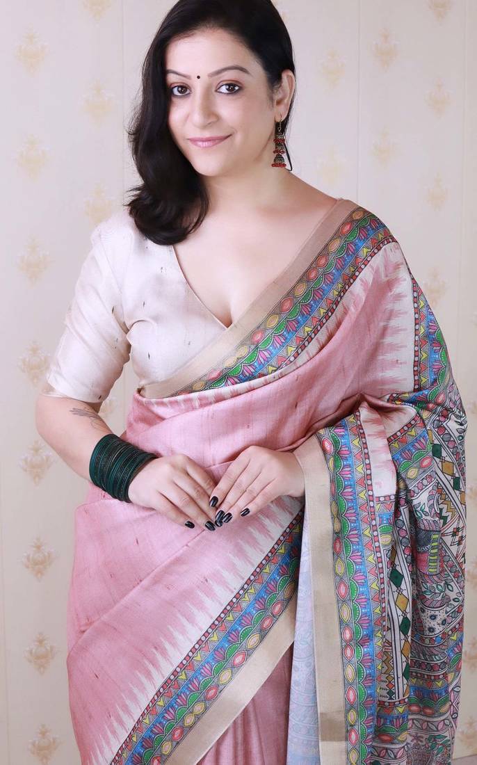 pink tussar art silk saree with unstiched blouse