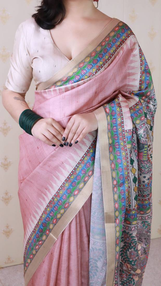pink tussar art silk saree with unstiched blouse