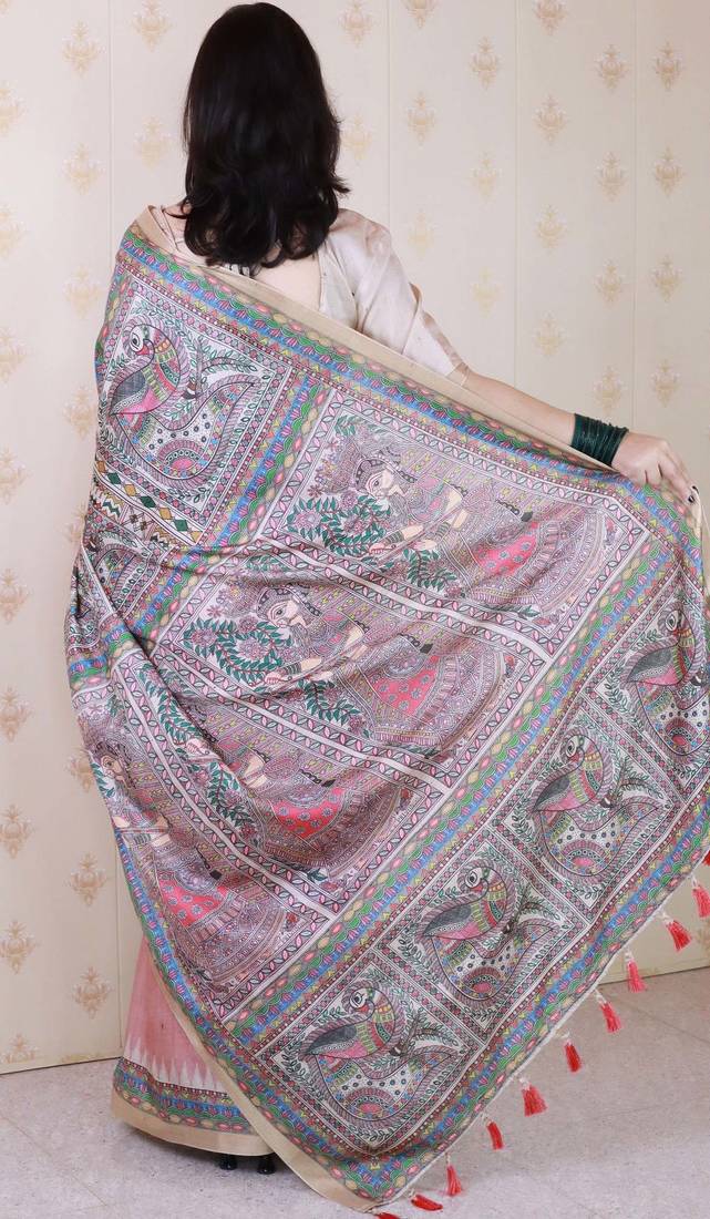 pink tussar art silk saree with unstiched blouse