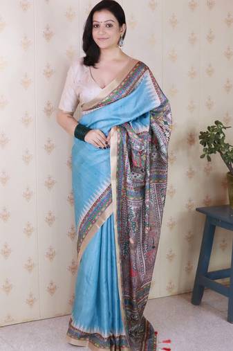 blue tussar art silk saree with unstiched blouse