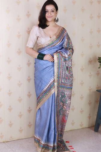 navy blue tussar art silk saree with unstiched blouse