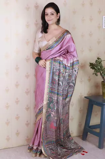 light pink tussar art silk saree with unstiched blouse