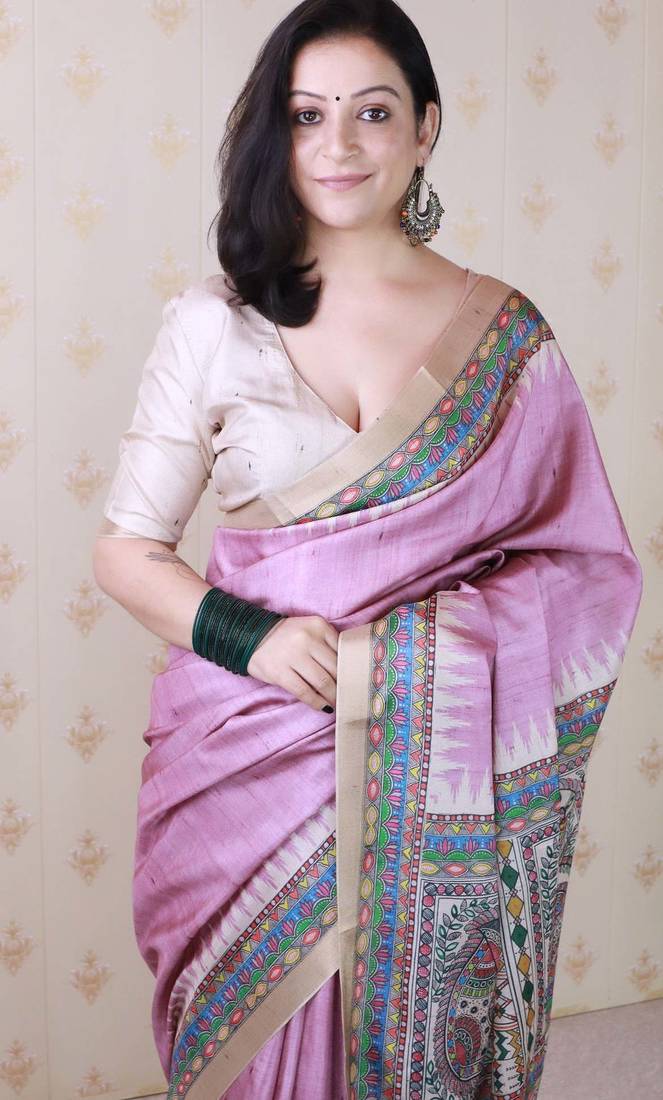 light pink tussar art silk saree with unstiched blouse