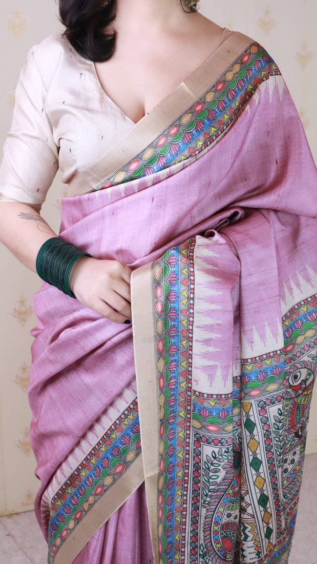 light pink tussar art silk saree with unstiched blouse