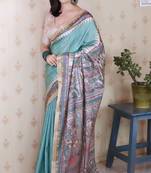 sea green tussar art silk saree with unstiched blouse