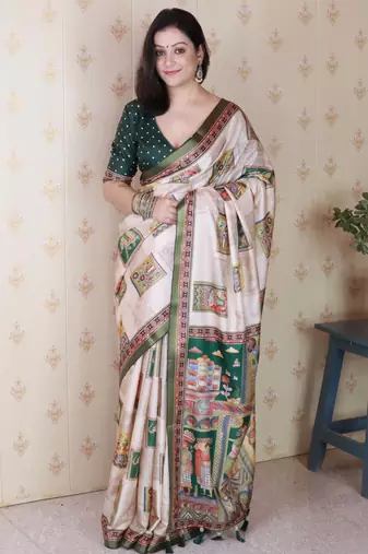 green katki art silk saree with unstiched blouse