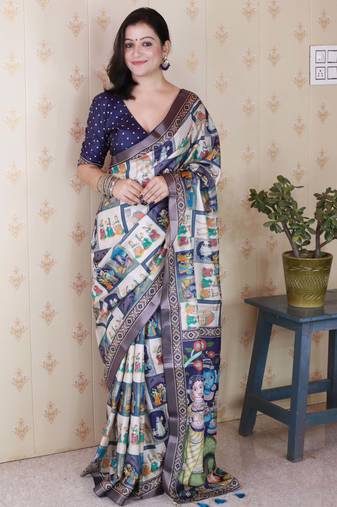blue katki art silk saree with unstiched blouse