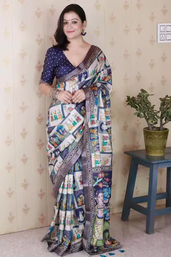 blue katki art silk saree with unstiched blouse