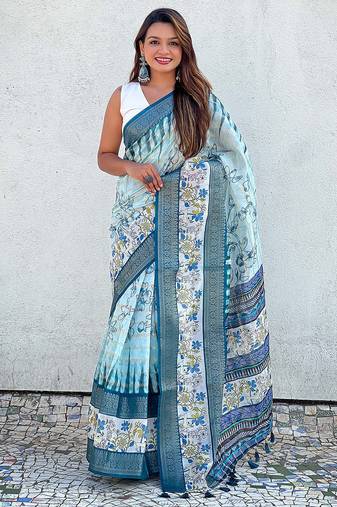 sky soft chanderi crush saree with unstiched blouse