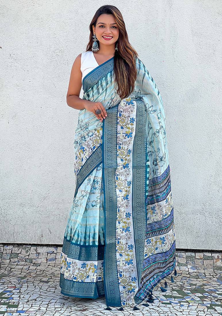 sky soft chanderi crush saree with unstiched blouse