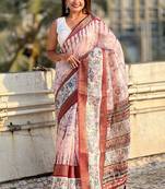 peach soft chanderi crush saree with unstiched blouse