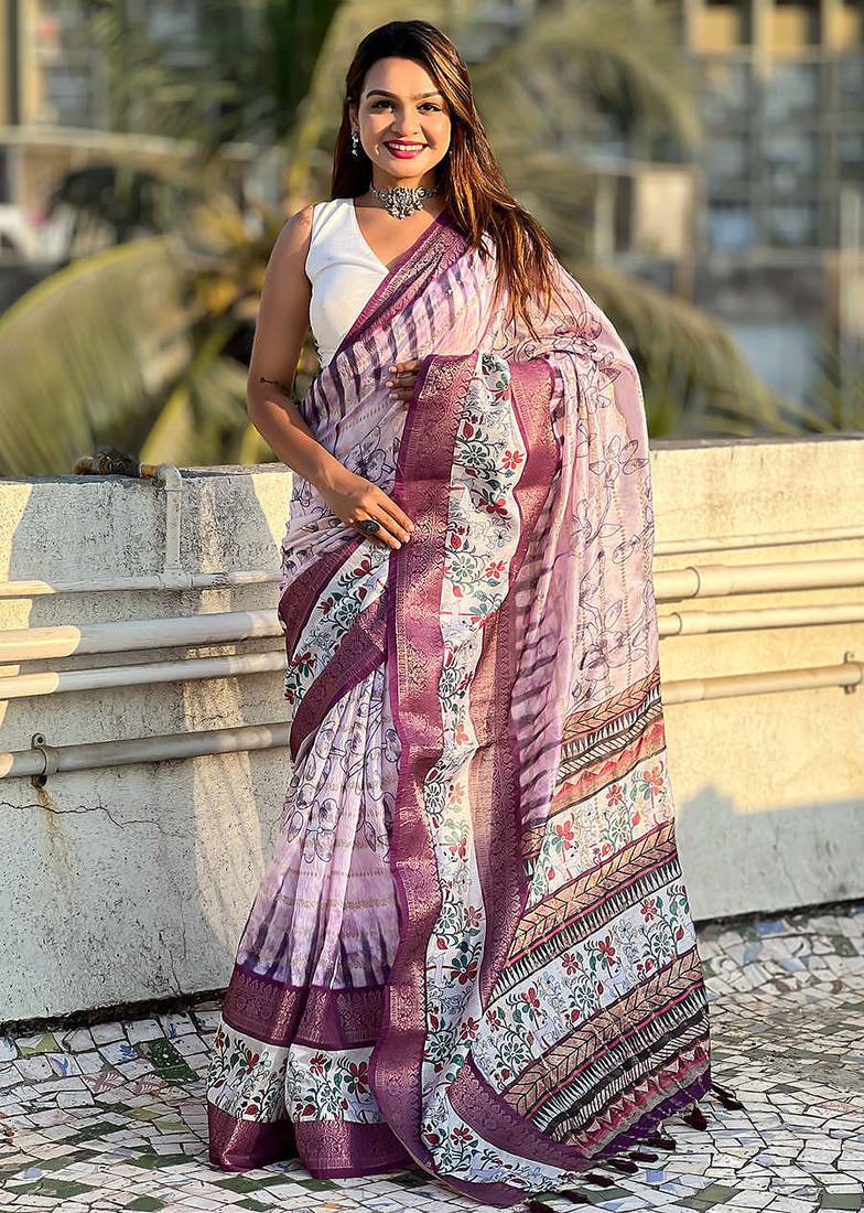lavender  soft chanderi crush saree with unstiched blouse