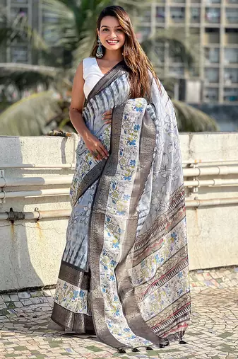 grey soft chanderi crush saree with unstiched blouse