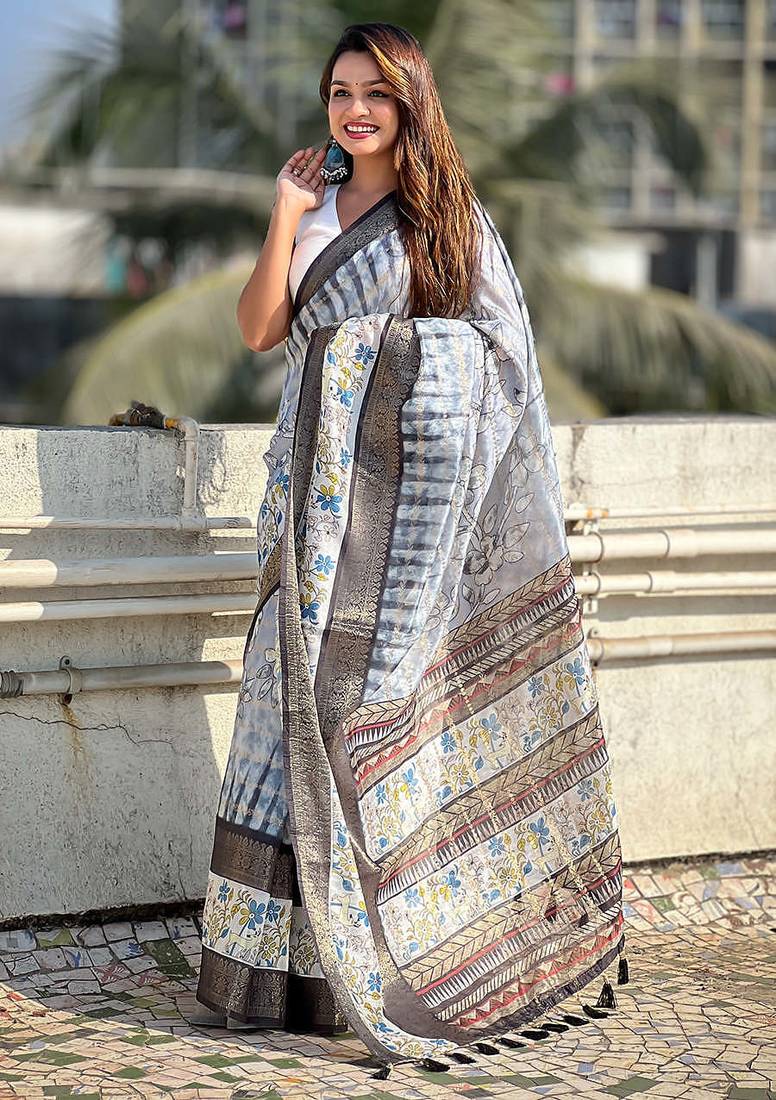 grey soft chanderi crush saree with unstiched blouse