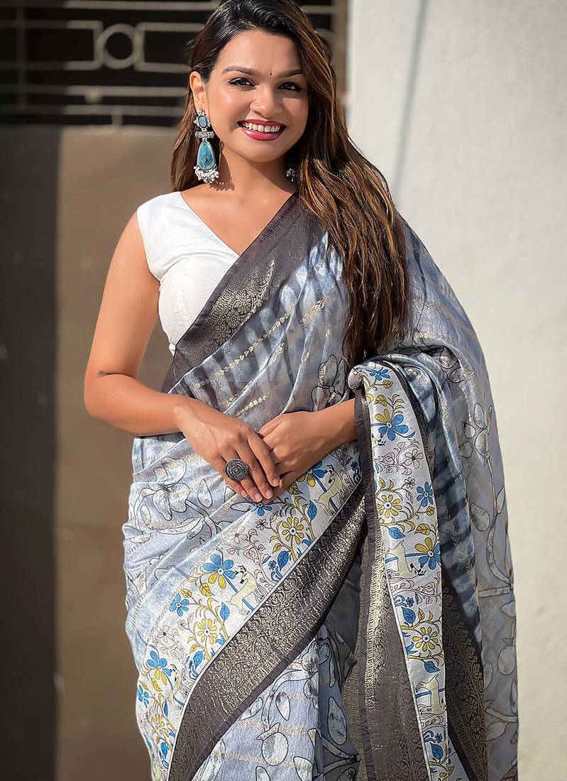 grey soft chanderi crush saree with unstiched blouse