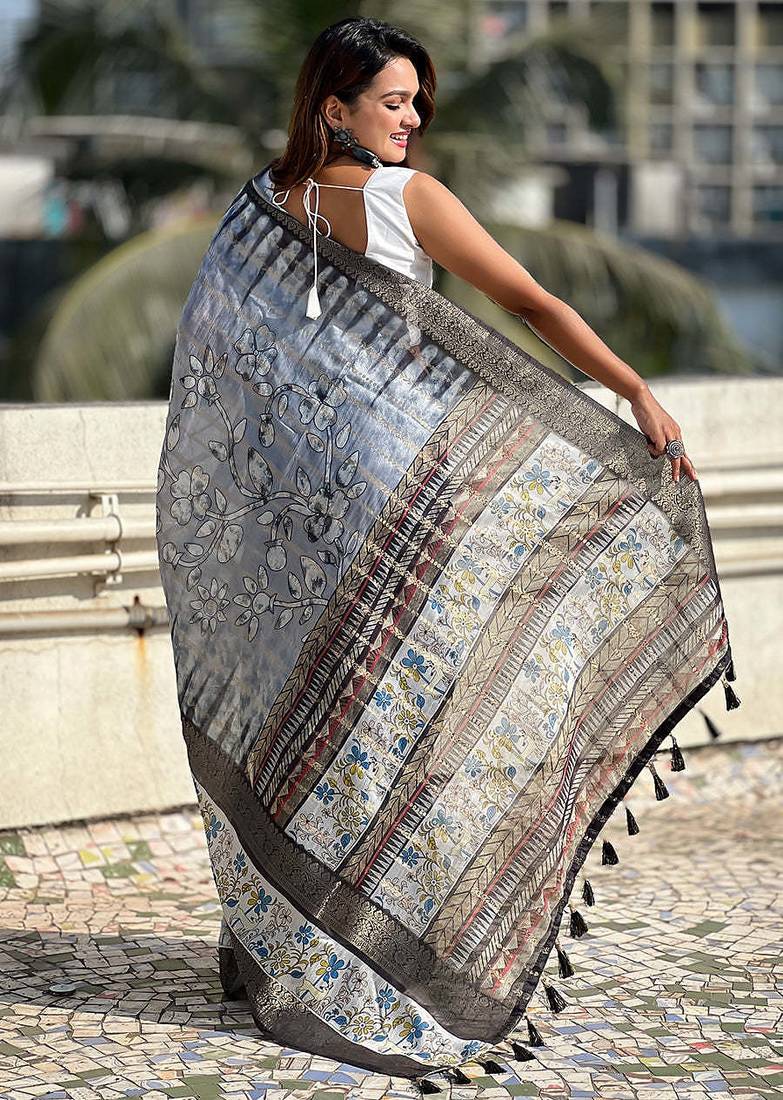 grey soft chanderi crush saree with unstiched blouse