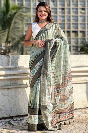 green soft chanderi crush saree with unstiched blouse
