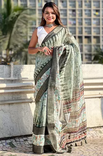 green soft chanderi crush saree with unstiched blouse