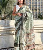 green soft chanderi crush saree with unstiched blouse