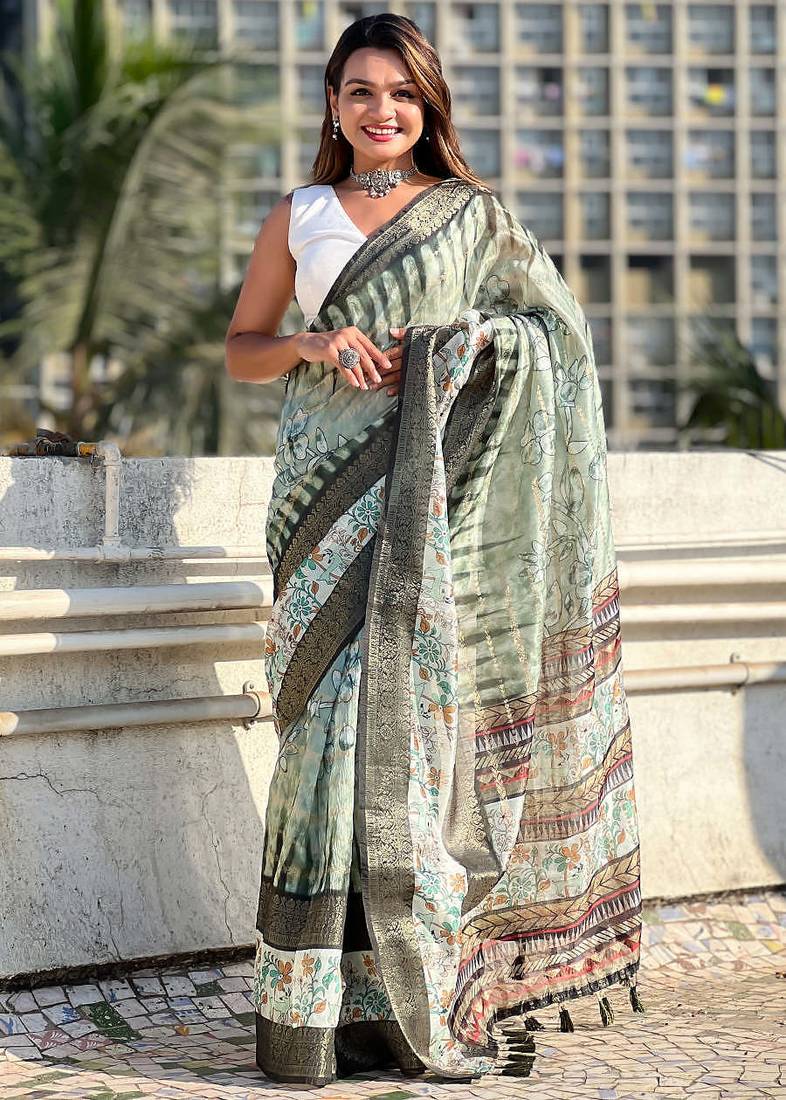 green soft chanderi crush saree with unstiched blouse