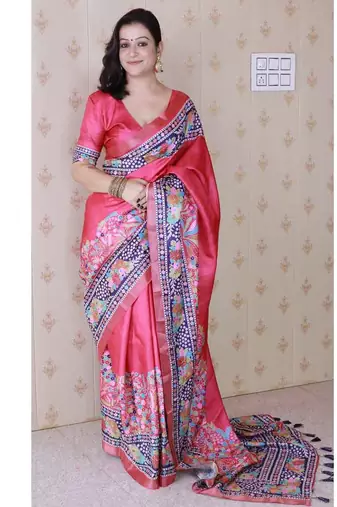 pink tussar art silk saree with unstiched blouse