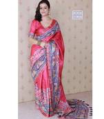 pink tussar art silk saree with unstiched blouse