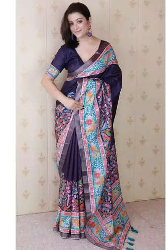 navy tussar art silk saree with unstiched blouse