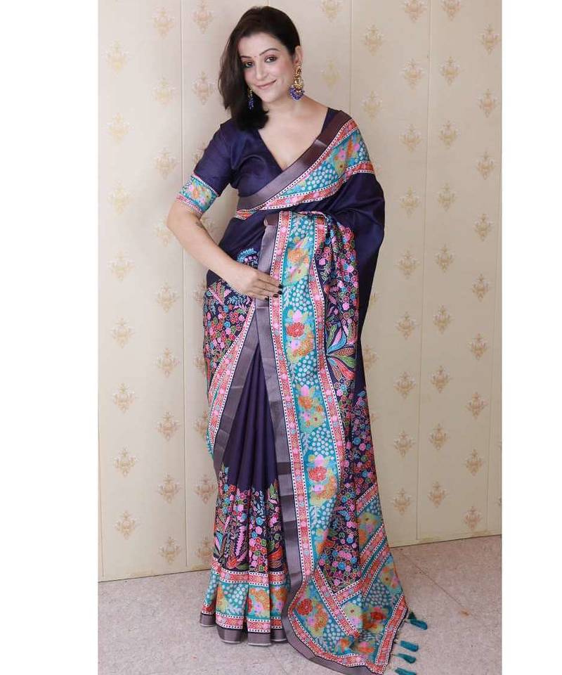 navy tussar art silk saree with unstiched blouse